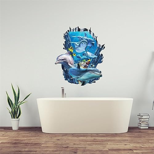 PLIGREAT 3D Broken Wall Undersea Ocean World Dolphins Wall Stickers, Removable Vinyl Peel and Stick Walls Decals for Teens Bedroom Dorm Room Home Decoration Beach House Apartment Indoor Art Decor