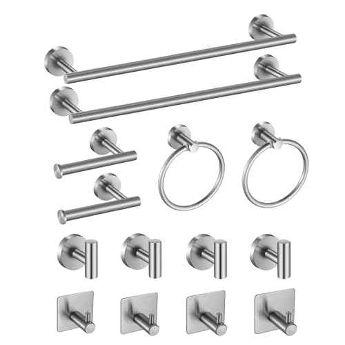 14-Piece Bathroom Hardware Set Premium Brushed Stainless Steel Towel Bar Set - 2 Towel Bars, 2 Toilet Paper Holders, 2 Towel Rings, 8 Hooks
