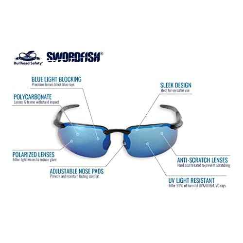 Bullhead Safety Eyewear Swordfish Glasses - Lightweight, Impact/Scratch Resistant, Polarized Sunglasses for Hunting/Shooting, Outdoor Sports, Construction, Blue Mirror/Matte Black