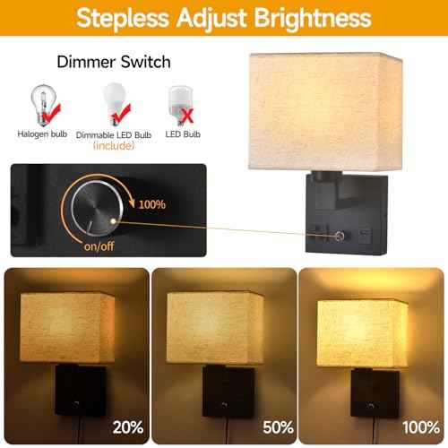 Bedside Wall Lamp for Bedroom, Plug in Wall Sconce - Dimmable Switch with AC Outlet & USB Charging Port, Fabric Shade, Black Wall Mounted Light for Living Room, Hotel