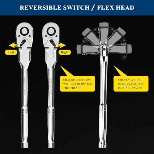 PRIDE&CRAFT 4-Piece Flex Head Ratchet Set, 1/4", 3/8", 1/2" Drive, 3/8" Stubby, 72-Tooth, Socket Wrench Quick Release Reversible Design, Swivel Head Ratchet, Chrome Alloy Made, EVA Organizer