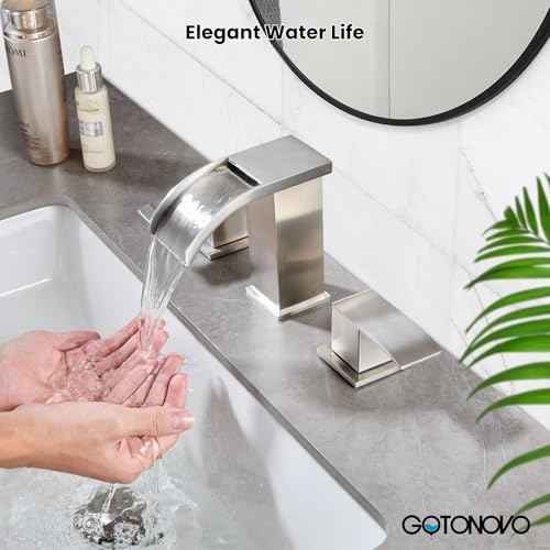 gotonovo Waterfall 8 inch Widespread Bathroom Faucet Set Bathroom Sink Faucet 3 Hole 2 Handle Vanity Lavatory Deck Mount with Pop Up Drain and Water Supply Lines Square Body Brushed Nickel