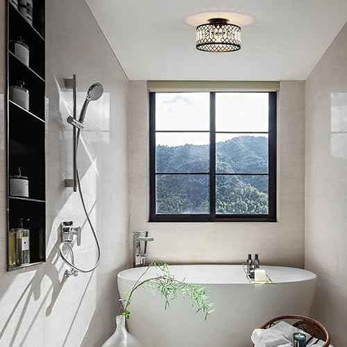 Crystal Black Ceiling Light, Modern Semi Flush Mount Ceiling Light Fixture, Round Small Chandelier for Hallway Entryway Bathroom Bedroom Laundry Room, 1-Light, 11.4 Inch