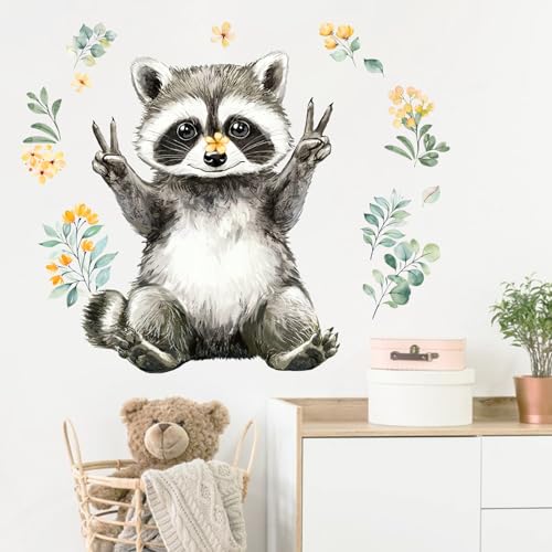 Yovkky Lovely Raccoon Wall Decals Stickers, Woodland Animals Flower Leaves Toddler Baby Nursery Decor, Forest Home Decorations Kids Bedroom Playing Room Classroom Art