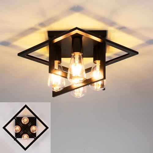 4 Light Industrial Ceiling Light Black Semi Flush Mount Lights Close to Ceiling Light Fixtures,frame cage design Farmhouse Ceiling Lighting for Kitchen Bedroom Bathroom Foyer Hallway (E26, 1Pack)