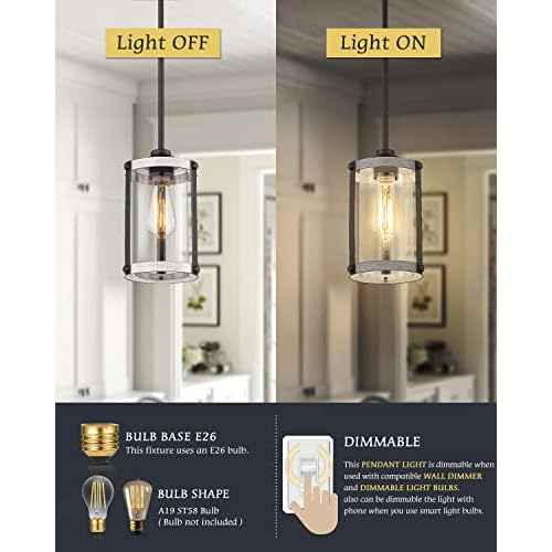 Farmhouse Pendant Light Fixtures, 1-Light Rustic Oak White Pendant Light Fixtures, Mini Glass Hanging Lighting with Rod for Kitchen Island Bar Bedroom, Adjustable Length, OS-3015