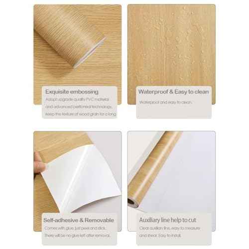 Sevalo Wood Contact Paper Wood Peel and Stick Wallpaper Light Wooden Grain Contact Paper for Cabinets and Drawers Self Adhesive Removable Wallpaper 17.7inW 630inL Oak Natural Easy to Install & Clean