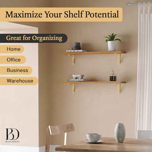 Classic Brass Heavy Duty Shelf Brackets 12 inch by Balin Designs ? Gold L Bracket, Wall Mounted Support, Shelving Metal Bracket, Decorative Shelf Brackets, with Hardware Included, Set of 2