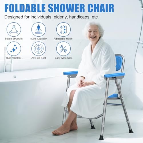 Shower Chair for Elderly & Disabled, Stainless Steel Foldable Shower Seat with Arm and Back, Height Adjustable Safety Bath Seat for Inside Shower, Shower Seat for Bathtub, 500lbs Capacity