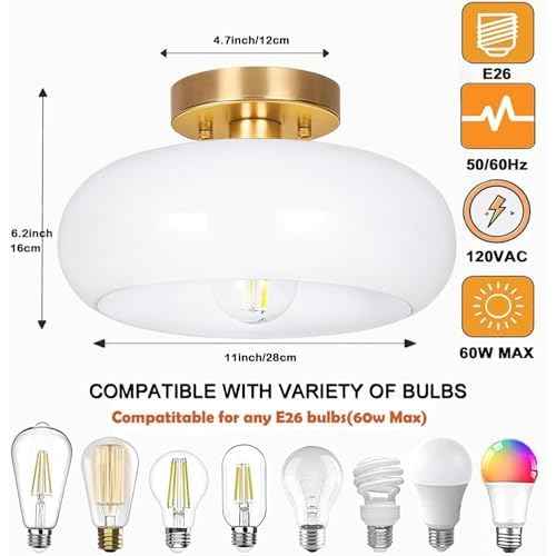 Gold Semi Flush Mount Ceiling Light,11inch Mid Century Modern Light Fixture,Hallway Lighting Fixture with Milk White Glass Shade,Vintage Ceiling Lamp for Kitchen,Porch,Entryway,Closet,Bedroom