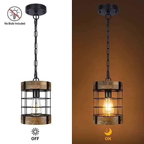 Rustic Pendant Light Fixtures, Farmhouse Kitchen Wood Hanging Lighting, Industrial Round Cage Chandelier for Entryway Hallway Dining Room Bedroom Foyer