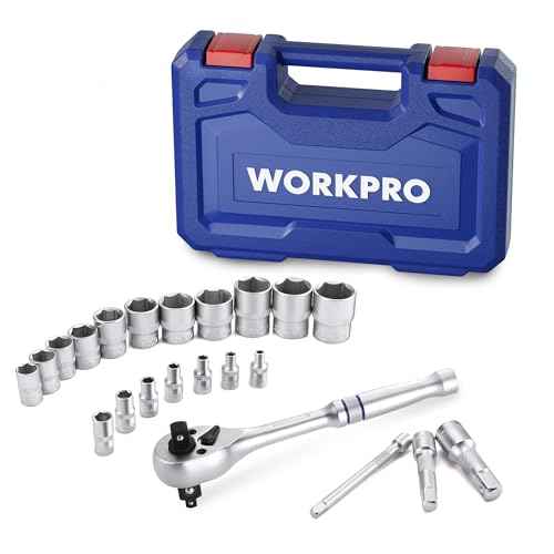 WORKPRO 22-Piece Socket Set with 3-in-1 Ratchet Handle, 1/4, 3/8, 1/2 Inch Drive Socket Wrench, CR-V Metric Socket Set, Extension Bars, Storage Box Included, Mechanics Tool Sets for Auto Repairing