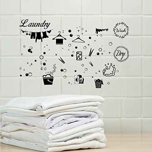 CREATCABIN 4pcs Laundry Room Vinyl Wall Decals Wash Dry Quote Washing Machine Dryer Wall Stickers Self-Adhesive Peel and Stick Mural Decoration for Home Bathroom Washing Machine Dryer Laundry Room