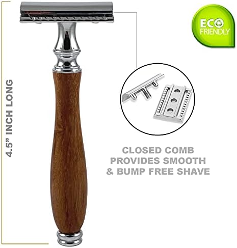 (4.5 Inch) Long Wood Handle Safety Razor for Men Women - Double Edge Manual Razor - Fits All Double Edge Razor Blade - Comes With 5 Shaving Blades, Brown