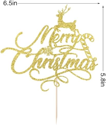 Merry Christmas Cake Topper，With Cute Reindeer Design Gold Glitter Cake Picks,Xmas New Year Holiday Christmas Party Supplies