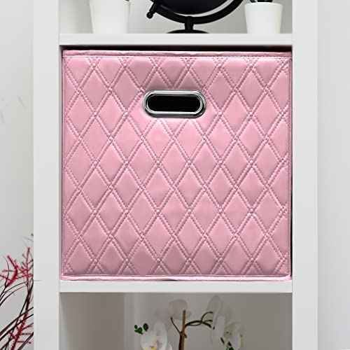 11 inch Pink Foldable Diamond Patterned Faux Leather Storage Cube Bins Set of Two with Handles for living room, bedroom and office storage