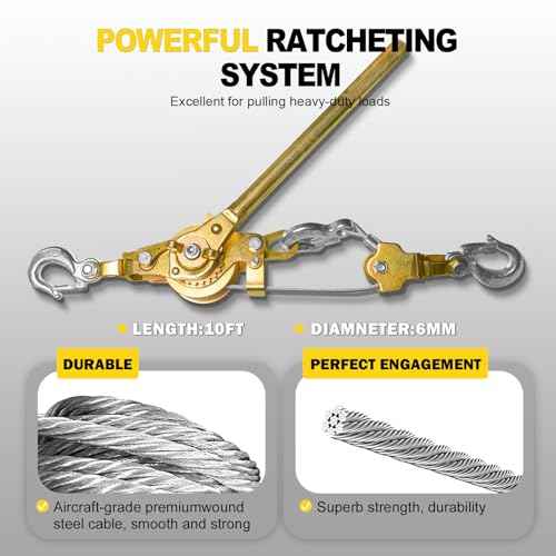 Come Along Winch Puller 3T 10FT, Cable Hoist Winch Puller with 2 Hooks, Come Along Tool Heavy Duty, Ratchet Puller for Lifting Pulling Construction Building