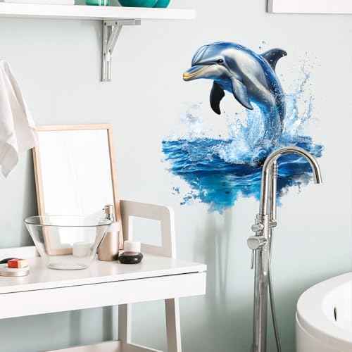 2 Sheets Dolphins Jumping Out of The Water Wall Decals Peel and Stick Sea Animal Wall Stickers Removable Waterproof Wall Decor for Classroom Nursery Bedroom Living Room Bathroom Decorations
