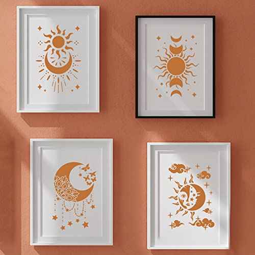 INFUNLY 9PCS/Set Sun Moon Wall Stencils for Painting 12x8 Mandala Tile Stencil Large Flower Star Concrete Floor Stencils Reusable Drawing Template for Painting Wood Canvas Furniture Patio Home Decor