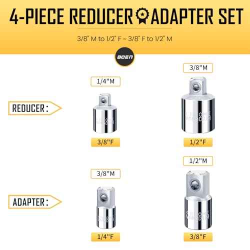 BOEN 4 Piece Socket Adapter and Reducer Set, 1/4", 3/8", 1/2" Drive Socket Adapter Set, SAE Adapter Conversion Set for Impact Driver Wrench, Chrome Vanadium Steel, Full Polished