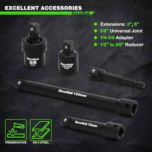 3/8" Drive Impact Socket Set, 49-Piece SAE (5/16"-3/4") and Metric (8mm-22mm), 6 Point, Cr-V, Extension Bars, 1/2" F to 3/8" M Reducer, Universal Joint and Power Drill Adapter
