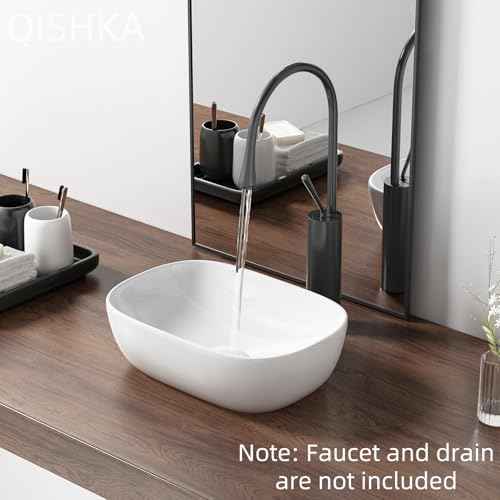 Small Vessel Sink Bowl Above Counter, QISHKA 14" x 10" Ceramic Oval Modern Bathroom Sink White Vanity Sink Lavatory Art Basin