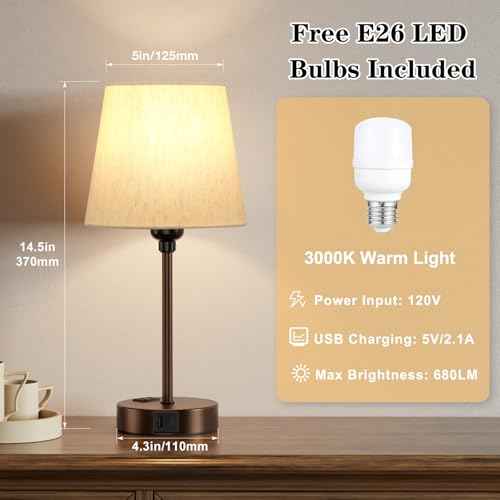 Brown Bedside Lamps for bedrooms Set of 2 - Nightstand Bedroom Lamp with USB C Port and AC Outlet Charging, 3 Way Dimmable Touch Control Small Bed Side Table Lamp, Nightstand Light for Kids