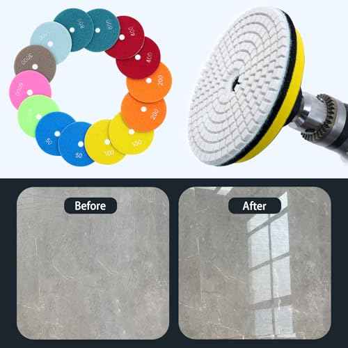 XKDOUS 16pcs 4" Diamond Wet Polishing Pads with Backer Pad,50-6000 Grit Pads,Wet/Dry Granite Polish Kit for Drill Grinder Rock Polisher Granite Marble Stone Concrete Tile Tools