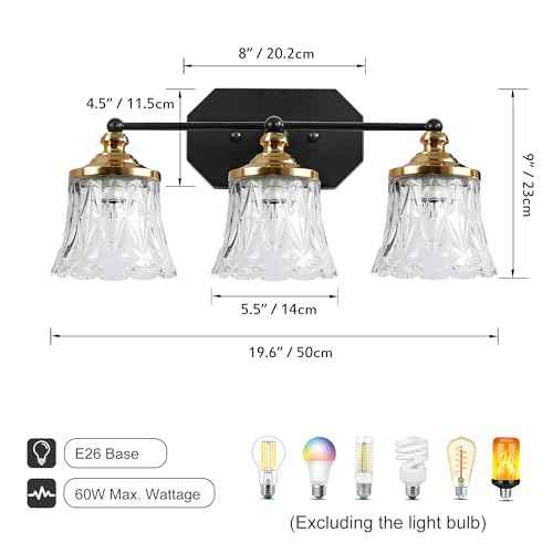 Vintage Bathroom Vanity Light Fixtures, Black and Gold 3-Light Vanity Light, Antique Bathroom Lighting Fixtures Over Mirror with Crystal Glass Shade, Vanity Lights for Bedroom Living Room Hallway