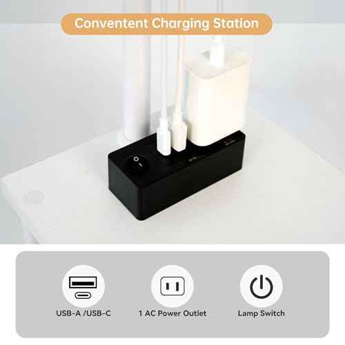 Floor Lamp with Table, Narrow Side Table with USB-A/USB-C Charging Station and AC Port, 3 Color Temperatures 12W LED Bulb, End Table for Bedroom, Living Room and Home Office, White