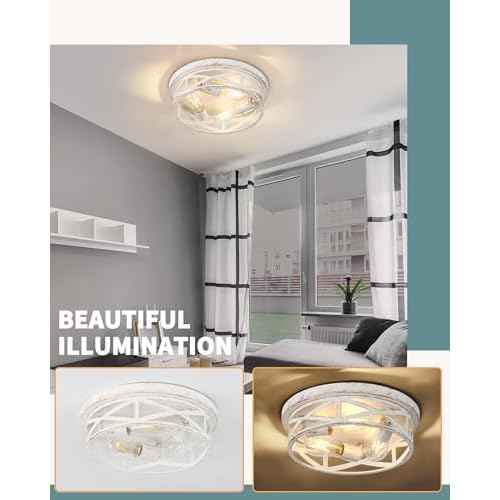2 Pack Close to Ceiling Light Fixtures, 3-Lights Cage Flush Mount Ceiling Light, 13 Inch White and Gold Semi Flush Mount Ceiling Light for House Bedroom Laundry Hallway Kitchen