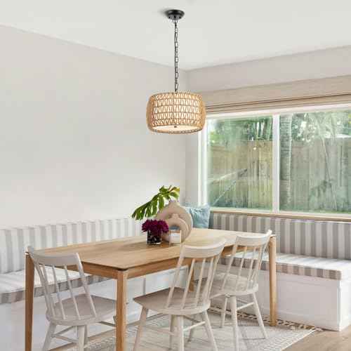 WILON 12.4'' 3-Light Rattan Chandelier with Fabric Shade, Dining Room Light Fixtures Over Table, Modern Boho Pendant Lights Kitchen Island Lighting, Farmhouse Rustic Drum Hanging Lamp with E26 Base