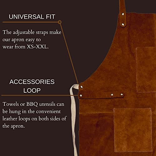 RUSTIC TOWN Leather Grill Work Apron with Tool Pockets ~ Adjustable up to XXL for Men & Women ~ Leather Tool Apron