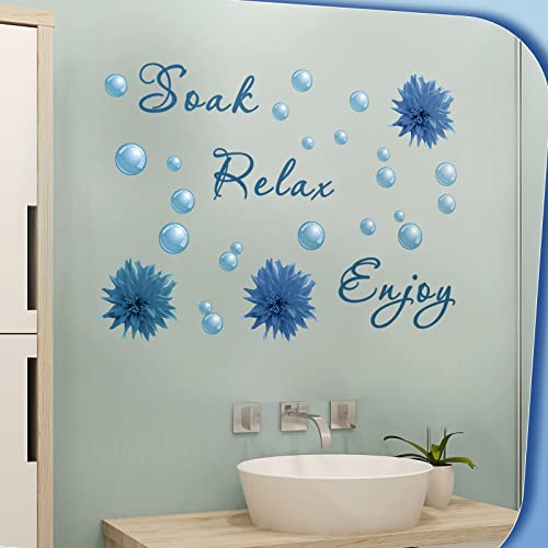 Zonon 2 Pieces Bathroom Wall Decals Sticker Soak Relax Enjoy Toilet Rules Vinyl Quote Wall Decor for Home(Flower Style,Blue)