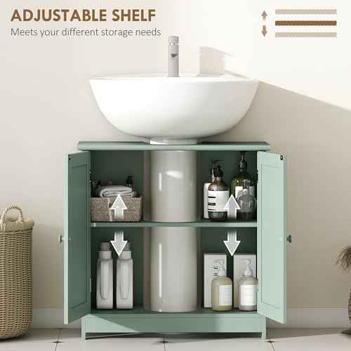 HOMCOM Under Sink Bathroom Cabinet, Pedestal Sink Storage Cabinet with 2 Doors, Shelf and U-Shape, Dark Green