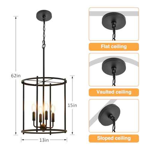 Luvkczc 4-Light Black Chandelier, Industrial Black Lantern Ceiling Light Fixtures with Rustic Metal Cage Adjustable Height Farmhouse Geometric Hanging Light for Kitchen Island, Dining Room, Entryway