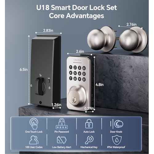 Keyless Entry Keypad Deadbolt with Handle Set, Smart Lock, Auto-Lock + One-Touch Lock, 100 Codes + Easy Install, Ideal for Airbnb/Homes/Offices, Fits U.S. Standard Front Doors, Satin Nickel
