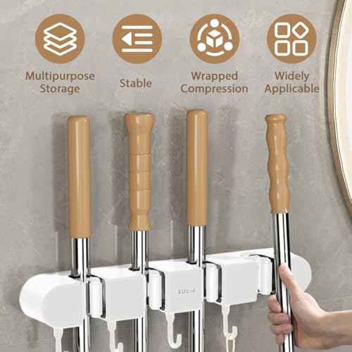 6PCS 4 Racks and 5 Hook Broom Mop Holder with Hooks Wall Mounted Broom Storage Rack No Drilling Self-Adhesive Mop Broom Organizer Mop Holder Hanger for Bathroom Office Kitchen Closet Garage,White