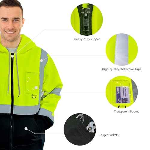 Hi Vis Hoodie for Men Zip up Reflective Sweatshirt Class 3 High Visibility Hoodie Safety Sweater with Black Bottom, Yellow, 4XL