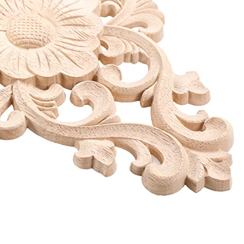 Wood Carved Appliques, 2Pcs Wooden Decorative Onlays, MUXSAM Unpainted Furniture Center Decals for Cabinet Dresser Bed Door Wall Wardrobe Ceiling Decoration Home DIY Project, 15x10.5cm/5.9"x4.13"