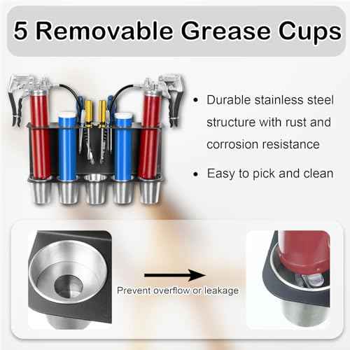 Grease Gun Holder, Wall Mount Storage Rack Compatible with 2 Grease Guns Organizer with 5 Removable Drip Cups for Garage and Shop Workshop Storage Black
