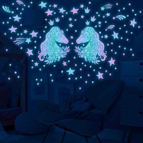 33.46 x 20.47 Inch Glow in The Dark Unicorns Wall Decals Unicorns Stars Wall Stickers Blue Luminous Glow Stars Ceiling Stickers Decor for Baby Girls Boys Bedroom Ceiling Nursery Room
