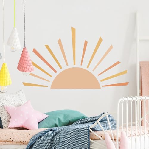 Large Half Sun Decor Nursery Wall Decal, 34"x59" Sunshine Stickers, Boho Wall Decals, Vinyl Peel and Stick Wall Stickers for Kids Bedroom Playroom Classroom Nursery Decor