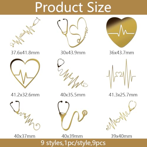 OLYCRAFT 9pcs 1.6x1.6 Inch Heart Pattern Gold Metal Stickers for Scrapbooks, DIY Resin Crafts, Phone Decor