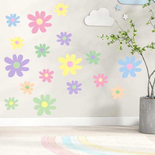 12 Sheets Daisy Wall Decals, Pastel Style Flowers Wall Stickers, Vinyl Peel and Stick Cute Boho Floral Decals, Large Daisy Floral Wall Decor for Girls Teens Nursery Bedroom Living Room