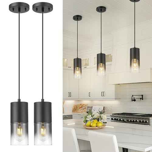 2-Pack Pendant Lights Kitchen Island, Hanging Lights Fixtures with Cylinder Black Gradient Glass, Modern Kitchen Pendant Lighting Over Island for Dining Room, AD-24023-1P2-BK-SM