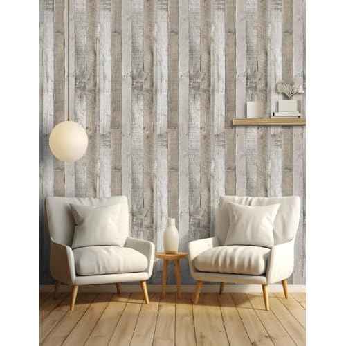 LXCREAT Faux Wood Butcher Block Contact Paper, Shiplap Peel and Stick Wallpaper Wooden Planks for Walls 17.5"X118", Natural Grey Self Adhesive Removable Rustic Wallpaper for Shelf Kitchen Decoration
