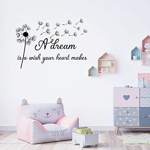 A Dream is a Wish Your Heart Makes Dandelion - Pure Black Vinyl Carved Wall Decal Without Transparent Edge Removable Art Letters Inspirational Quotes Decor for Home Study Kids Room