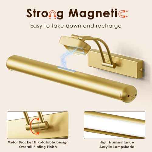 Picture Light for Wall with Remote, Wireless Battery Operated Wall Lights with 3 Colors Dimmable & Timer, 12.6" Rechargeable Metal Wall Sconce for Living Room, Artwork Gallery Display, Gold-2Pack