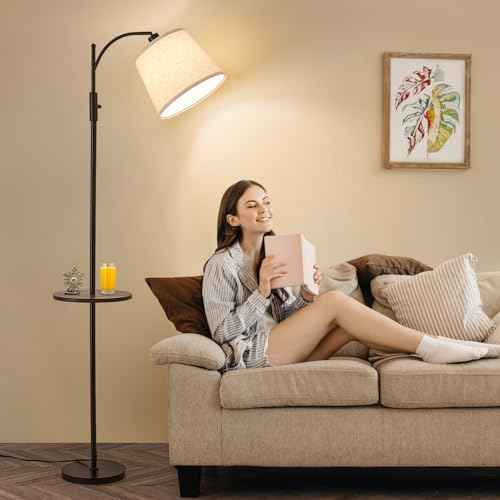 AIDENOEY Fully Dimmable Floor Lamp for Living Room£¬Standing Lamp Rotary Switch with Table&Linen Beige Shade£¬Black Tall Lamps for Bedroom with Adjust Head£¬9W LED Bulb Included